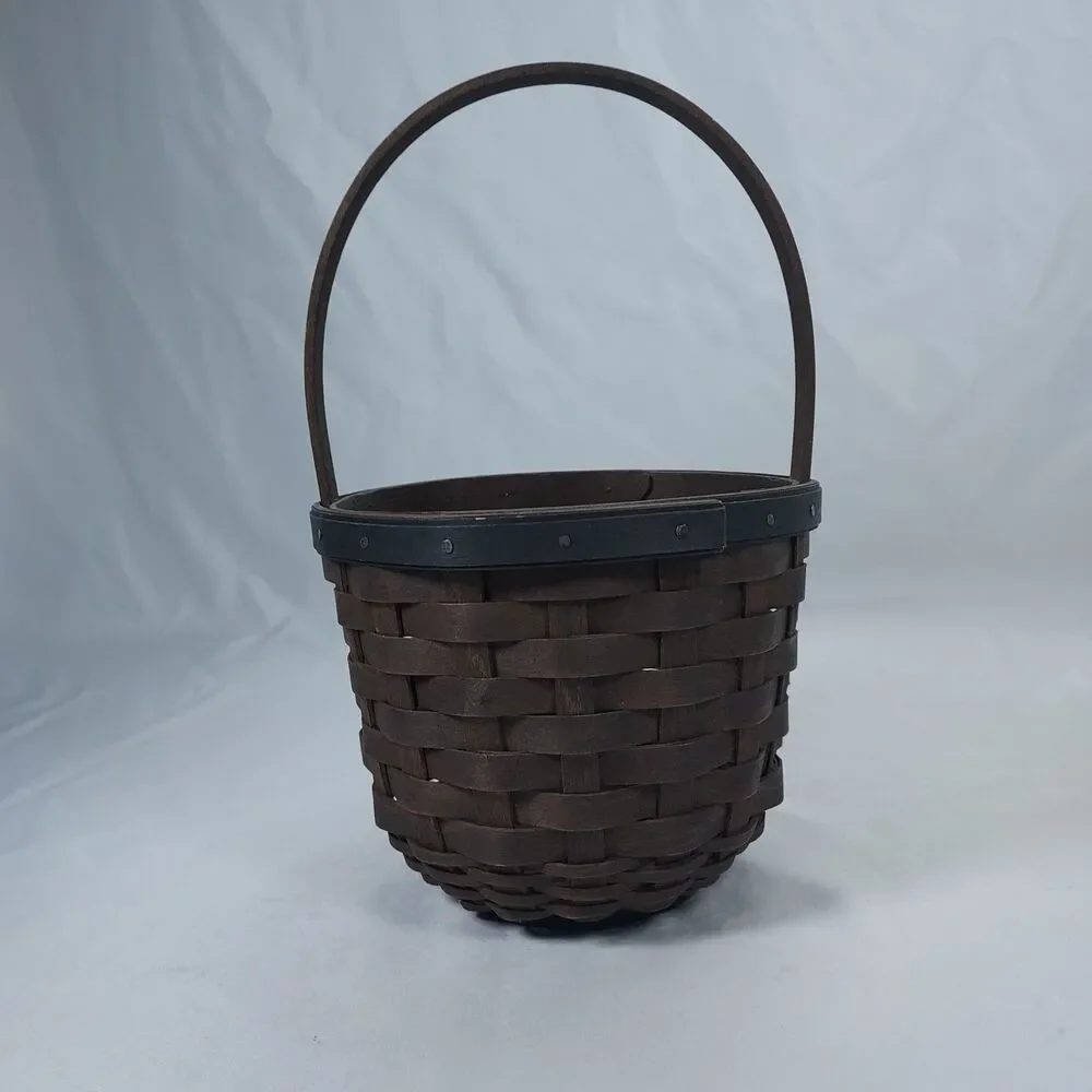 Longaberger Handmade Wood Basket Dark Brown Handle Signed USA